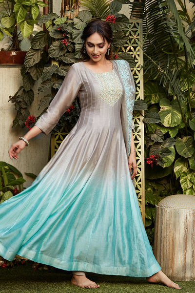 Grey + Blue Ombré Anarkali - Naaz By Noor