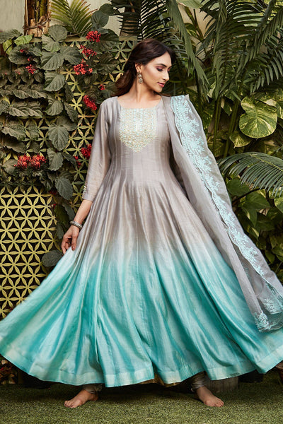 Grey + Blue Ombré Anarkali - Naaz By Noor