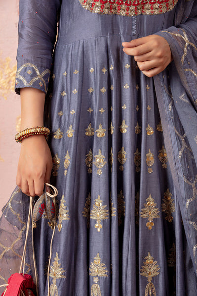 Grey Gota Anarkali With Pants And Dupatta - Naaz By Noor