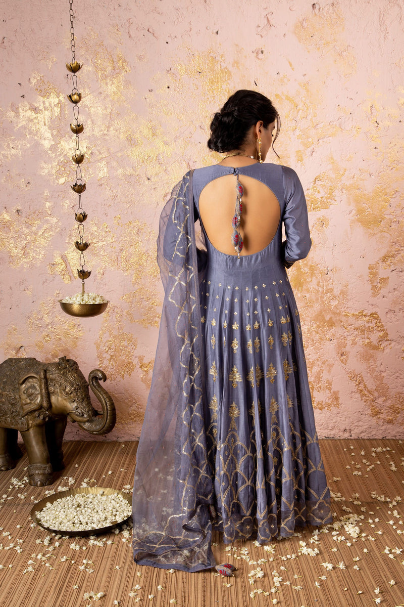 Grey Gota Anarkali With Pants And Dupatta - Naaz By Noor