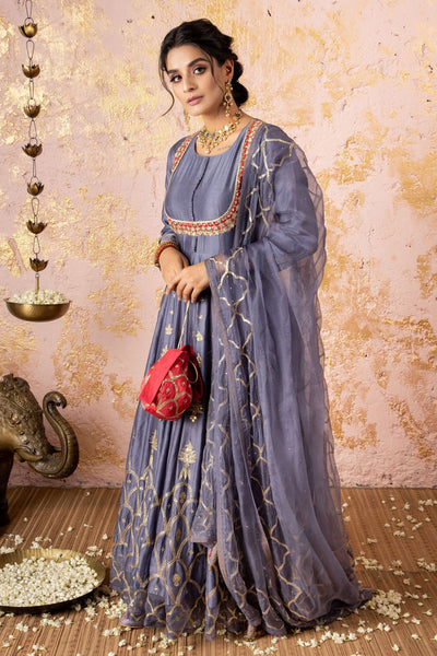Grey Gota Anarkali With Pants And Dupatta - Naaz By Noor