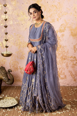 Grey Gota Anarkali With Pants And Dupatta - Naaz By Noor