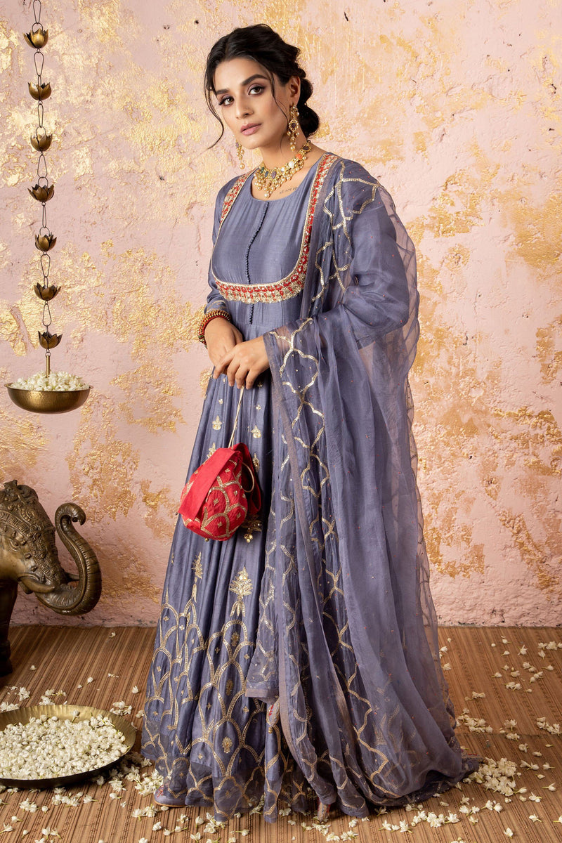 Grey Gota Anarkali With Pants And Dupatta - Naaz By Noor