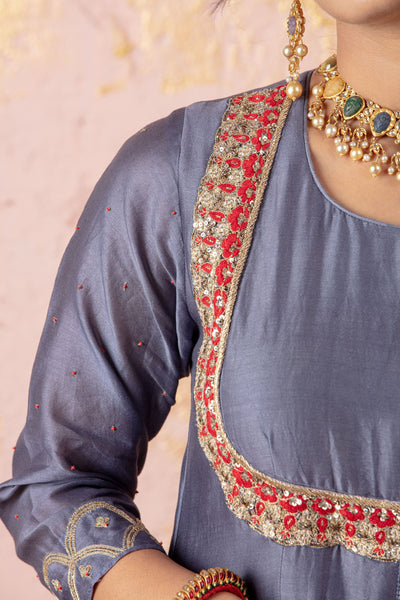 Grey Gota Anarkali With Pants And Dupatta - Naaz By Noor