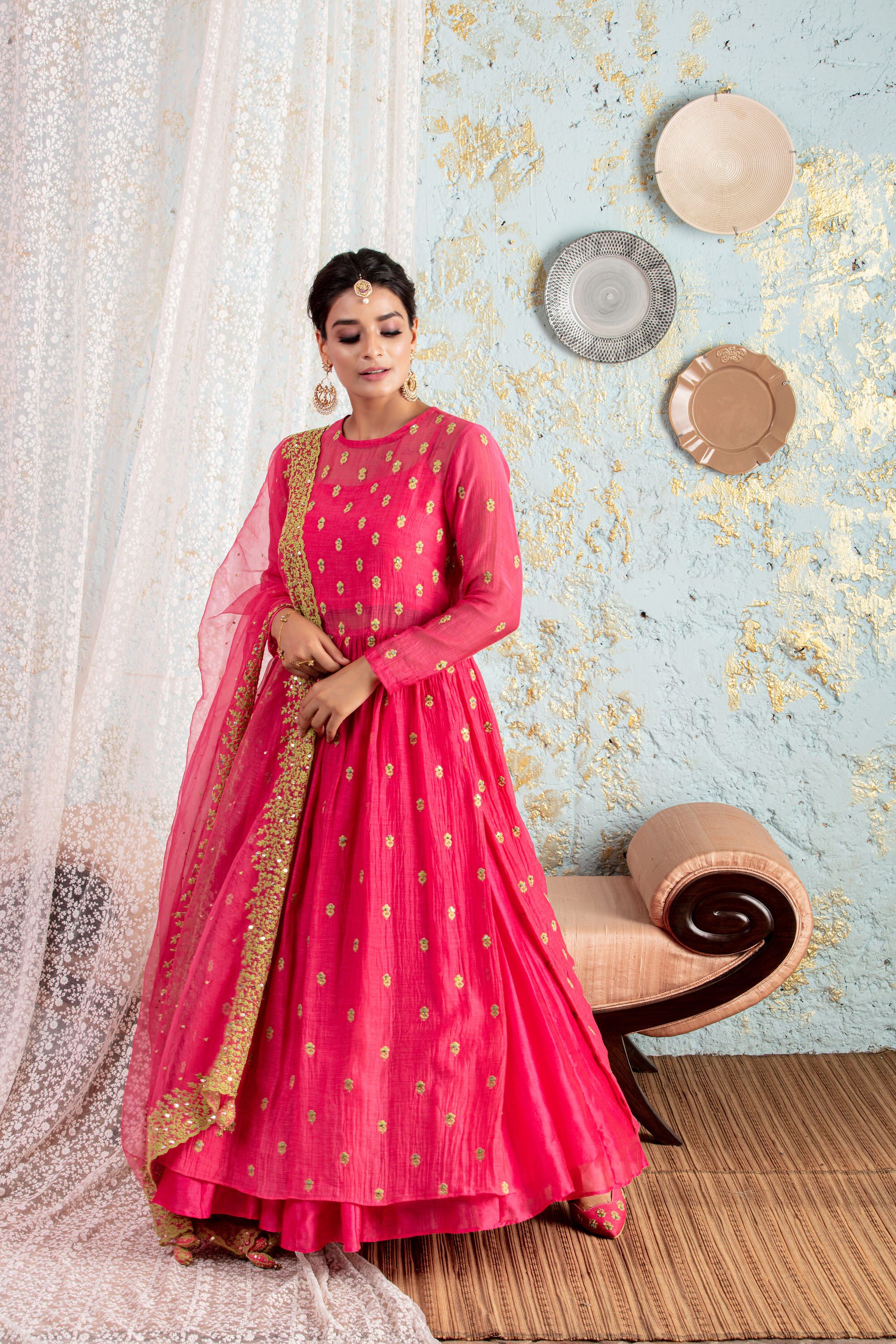 Hot Pink Long Kurta With Sharara And Dupatta - Naaz By Noor