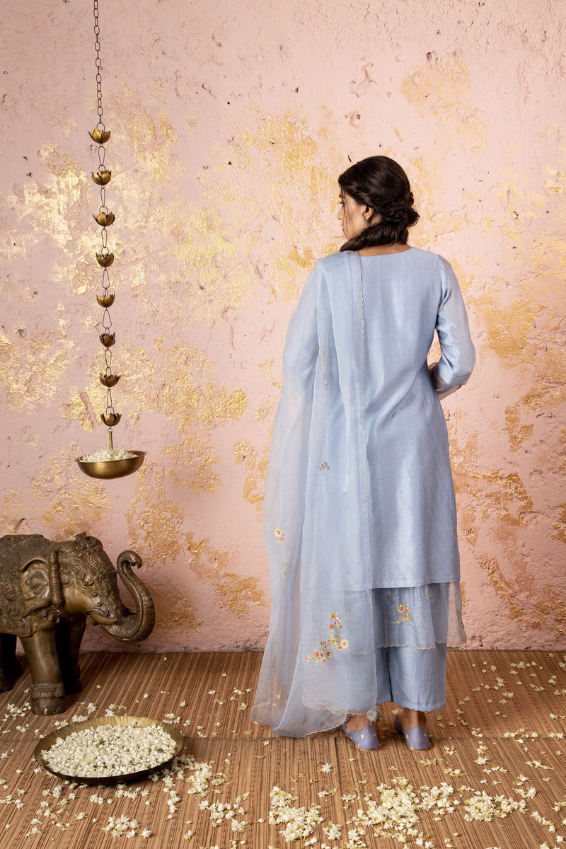 Ice Grey Embroidered KurtaSet With Scalloped Dupatta - Naaz By Noor