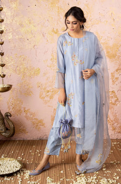 Ice Grey Embroidered KurtaSet With Scalloped Dupatta - Naaz By Noor