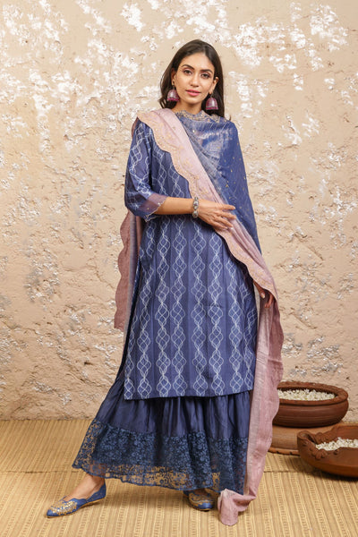 Indigo Kurta With Layered Sharara And Dupatta - Naaz By Noor