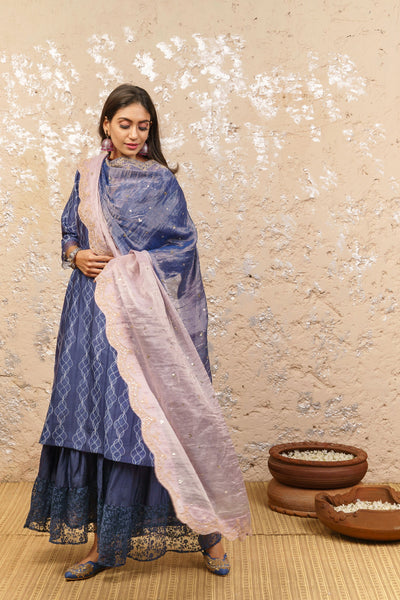 Indigo Kurta With Layered Sharara And Dupatta - Naaz By Noor