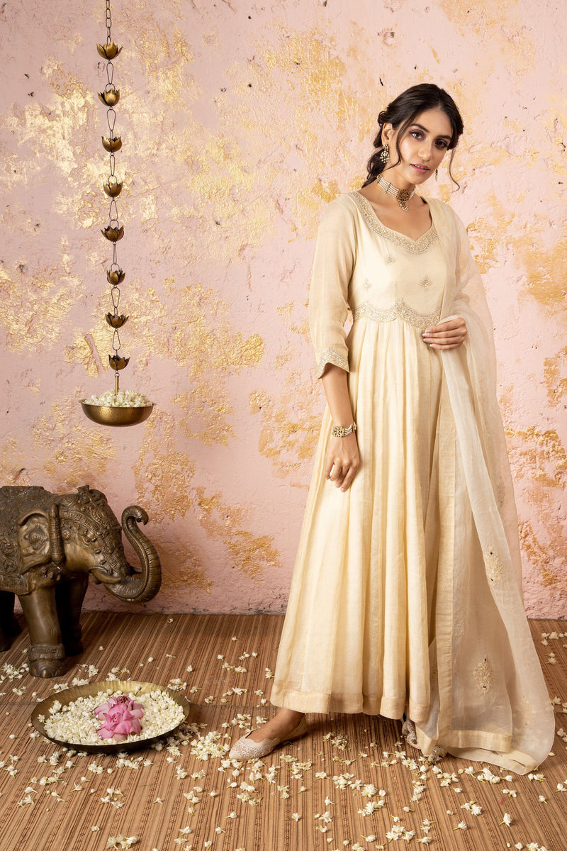 Ivory Anarkali With Pants And Dupatta - Naaz By Noor