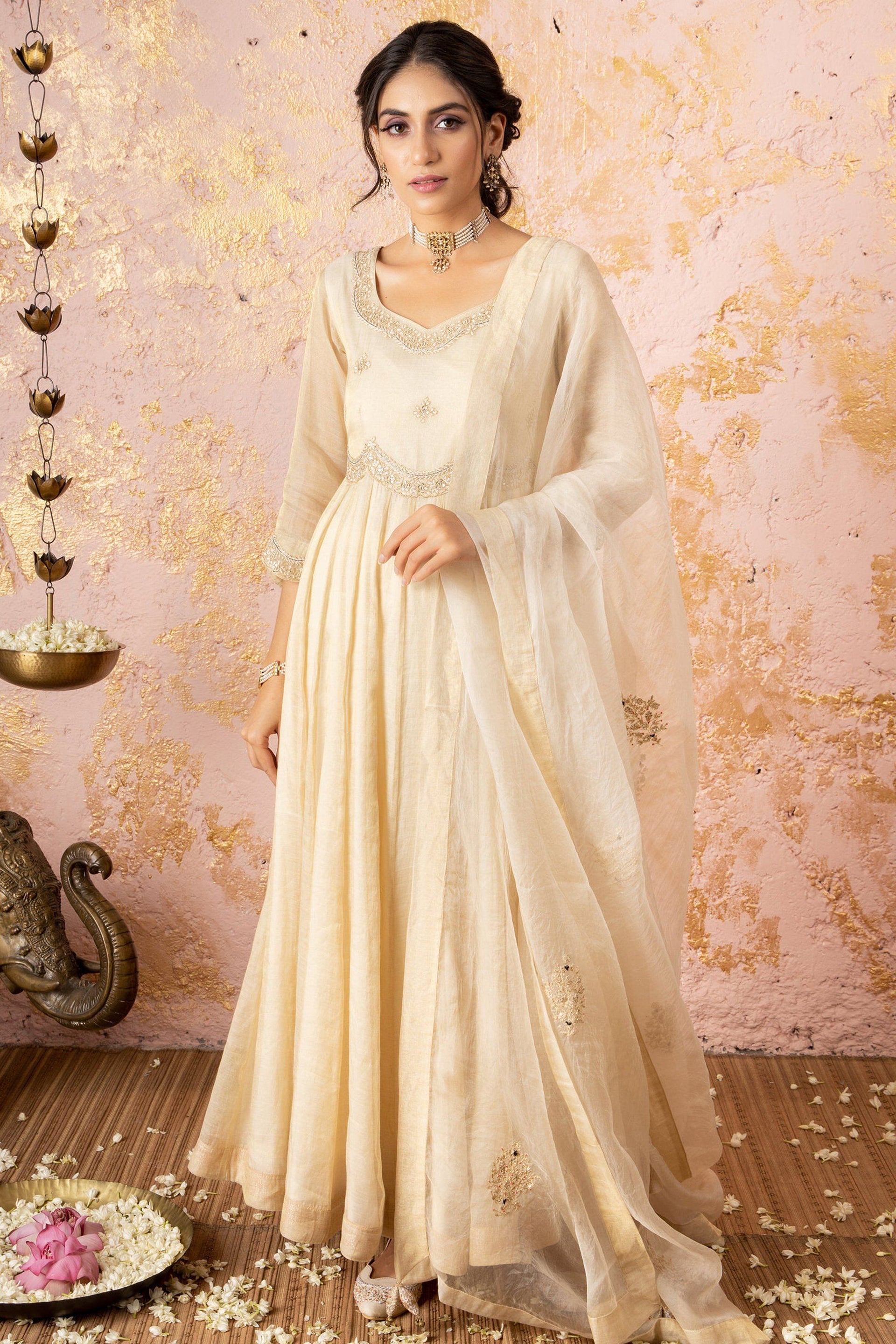 ivory anarkali dress Draped Anarkali Gown In Ivory Color