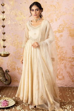 Ivory Anarkali With Pants And Dupatta - Naaz By Noor