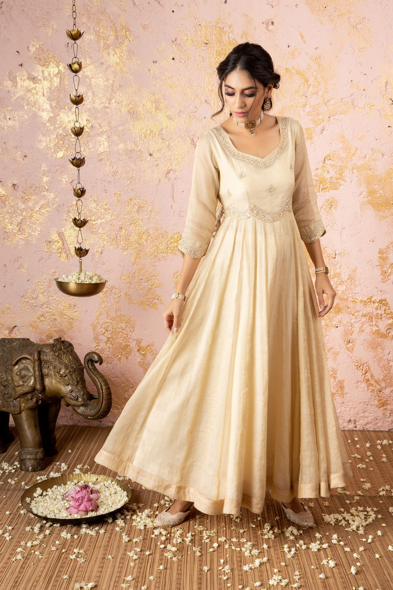 Ivory Anarkali With Pants And Dupatta - Naaz By Noor