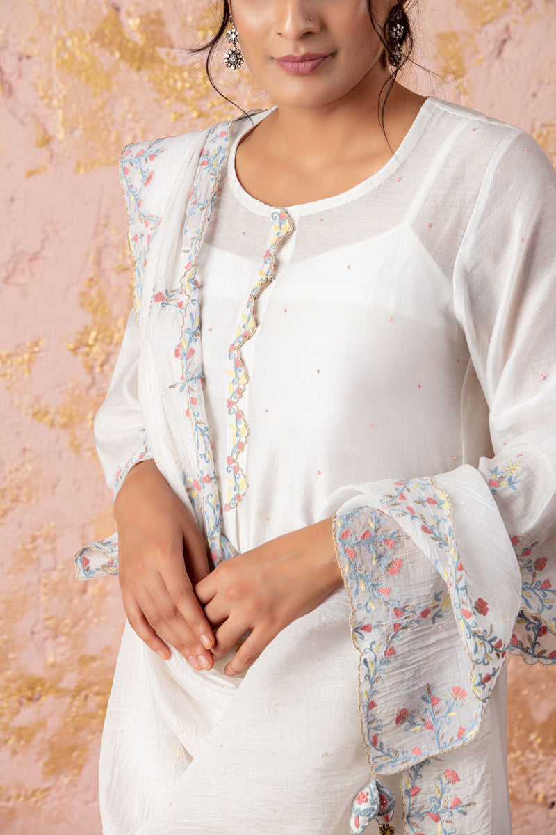 Ivory embroidered Kurta With Scalloped Sharara And Dupatta - Naaz By Noor