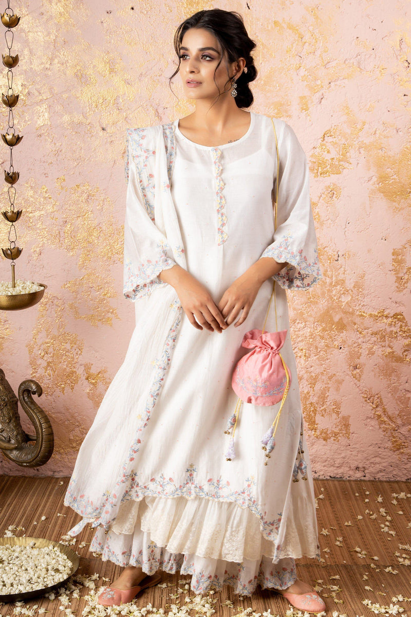 Ivory embroidered Kurta With Scalloped Sharara And Dupatta - Naaz By Noor