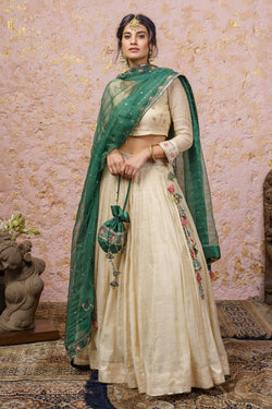 Ivory Lehenga Set With Bottle Green Dupatta - Naaz By Noor