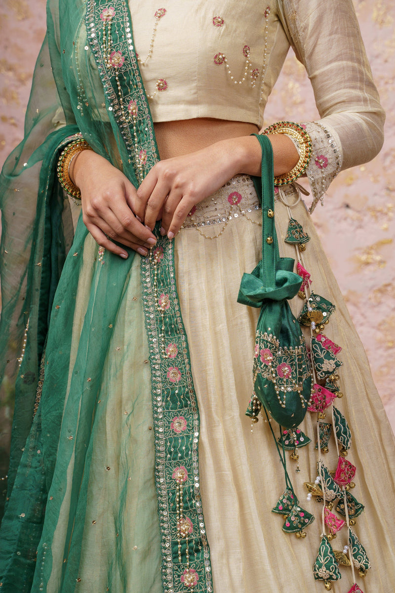 Ivory Lehenga Set With Bottle Green Dupatta - Naaz By Noor