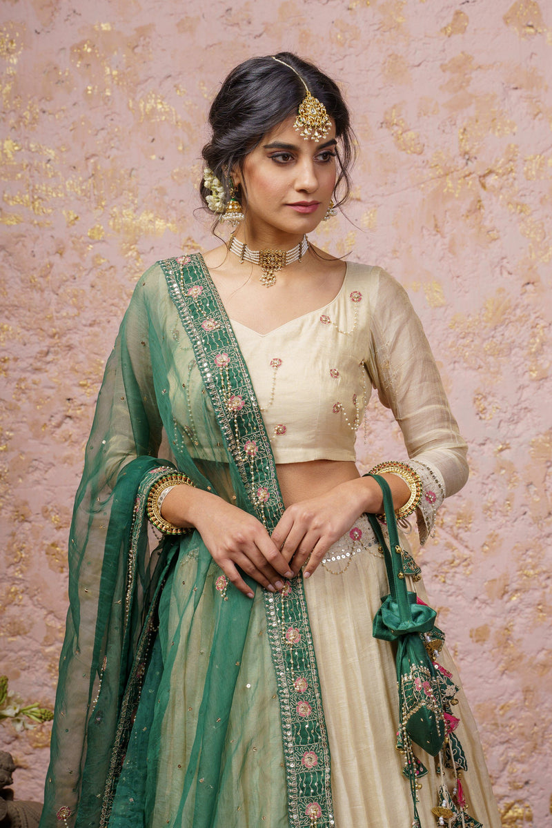 Ivory Lehenga Set With Bottle Green Dupatta - Naaz By Noor