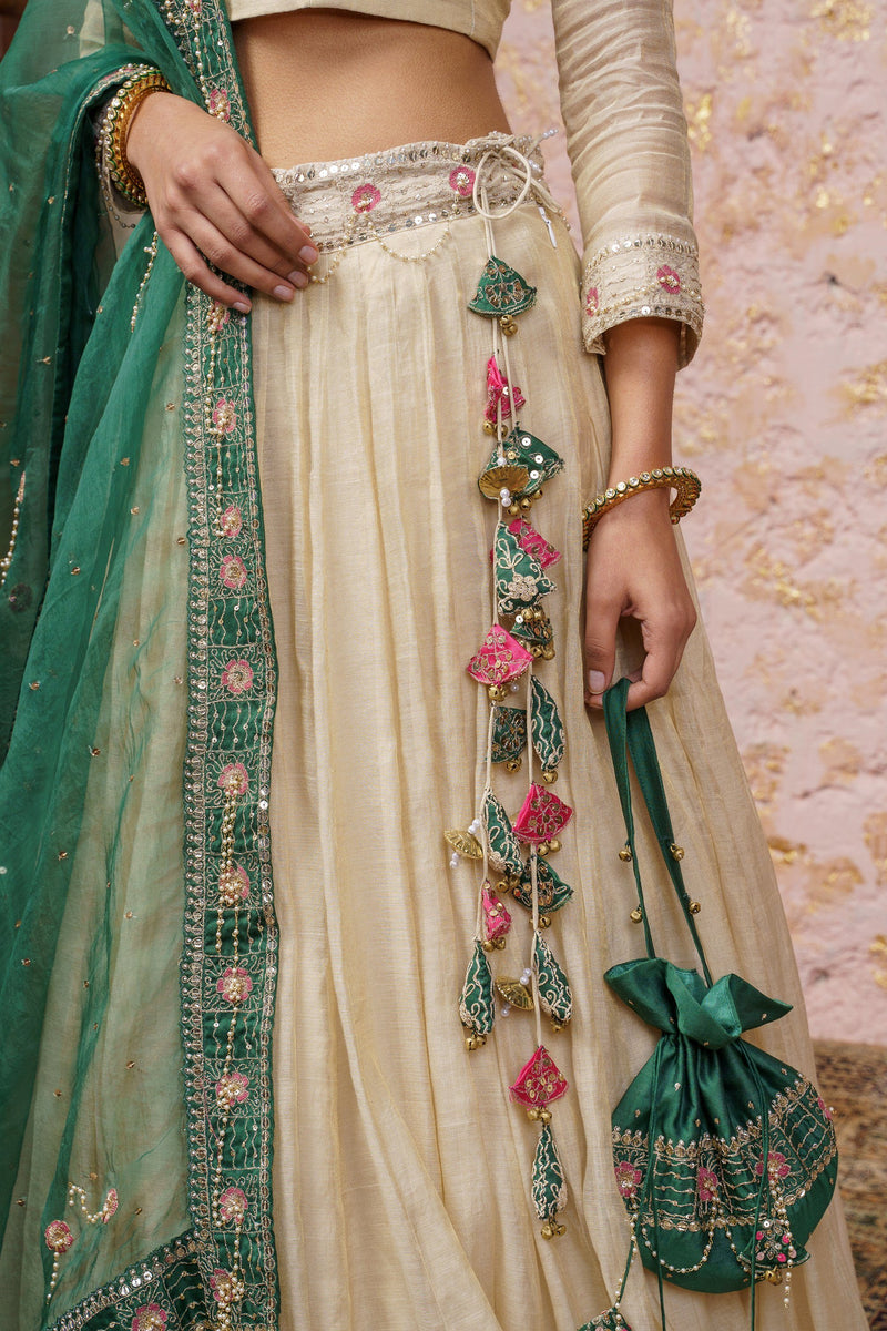 Ivory Lehenga Set With Bottle Green Dupatta - Naaz By Noor