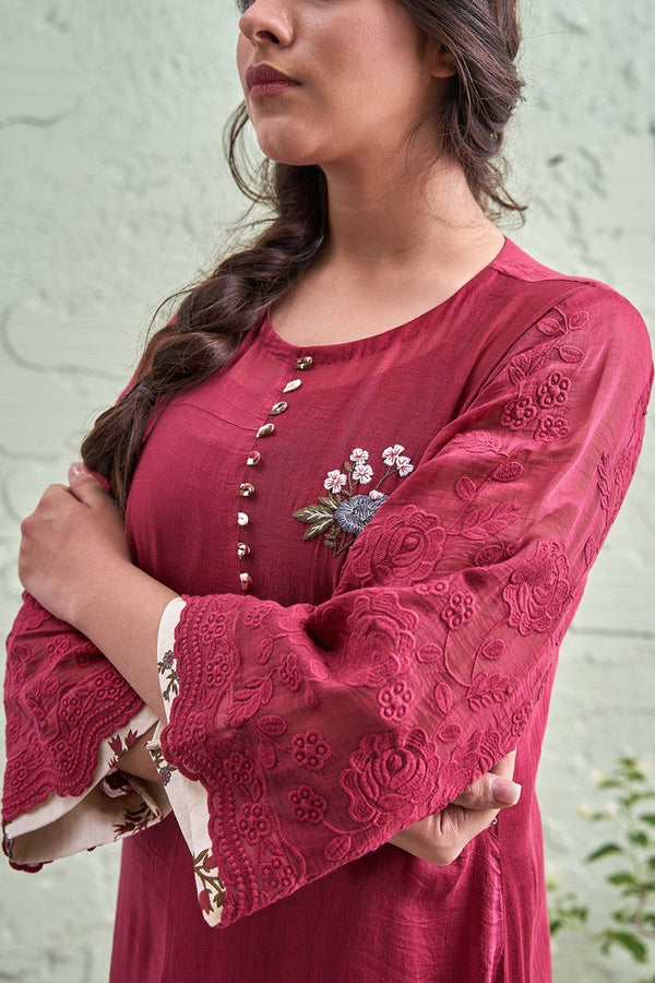 JAMUN ki tokri (gehri laal)- set of 3 - kurta, pant & dupatta Naaz By Noor 