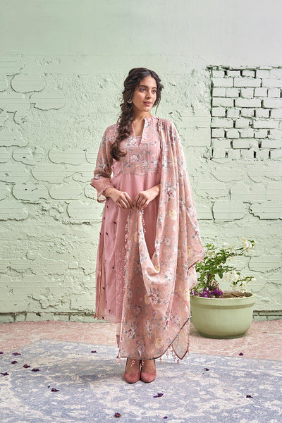 JAMUN ki tokri ( halki gulabi)- set of 3- kurta with embroidered buds, pant & dupatta Naaz By Noor 