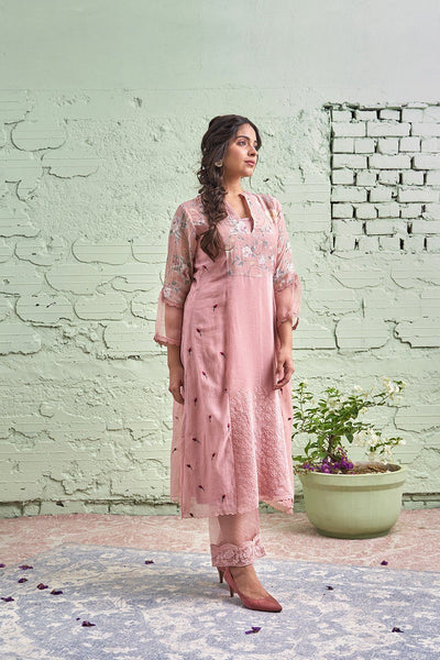 JAMUN ki tokri ( halki gulabi)- set of 3- kurta with embroidered buds, pant & dupatta Naaz By Noor 