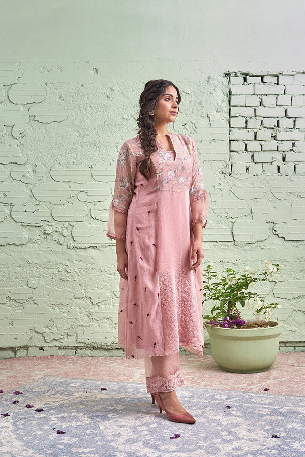 JAMUN ki tokri ( halki gulabi)- set of 3- kurta with embroidered buds, pant & dupatta Naaz By Noor 