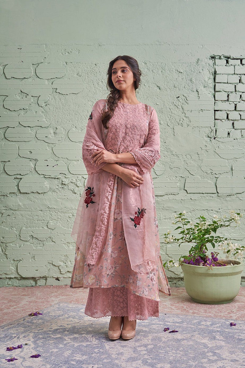 JAMUN ki tokri (halki gulabi)- set of 3- thread embroidered kurta, pant & dupatta Naaz By Noor 