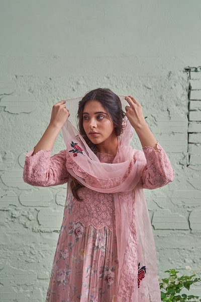 JAMUN ki tokri (halki gulabi)- set of 3- thread embroidered kurta, pant & dupatta Naaz By Noor 