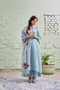 JAMUN ki tokri ( neeli)- set of 2- kurta with embroidered buds & pants Naaz By Noor 