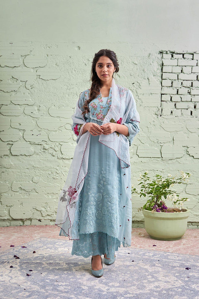 JAMUN ki tokri ( neeli)- set of 2- kurta with embroidered buds & pants Naaz By Noor 