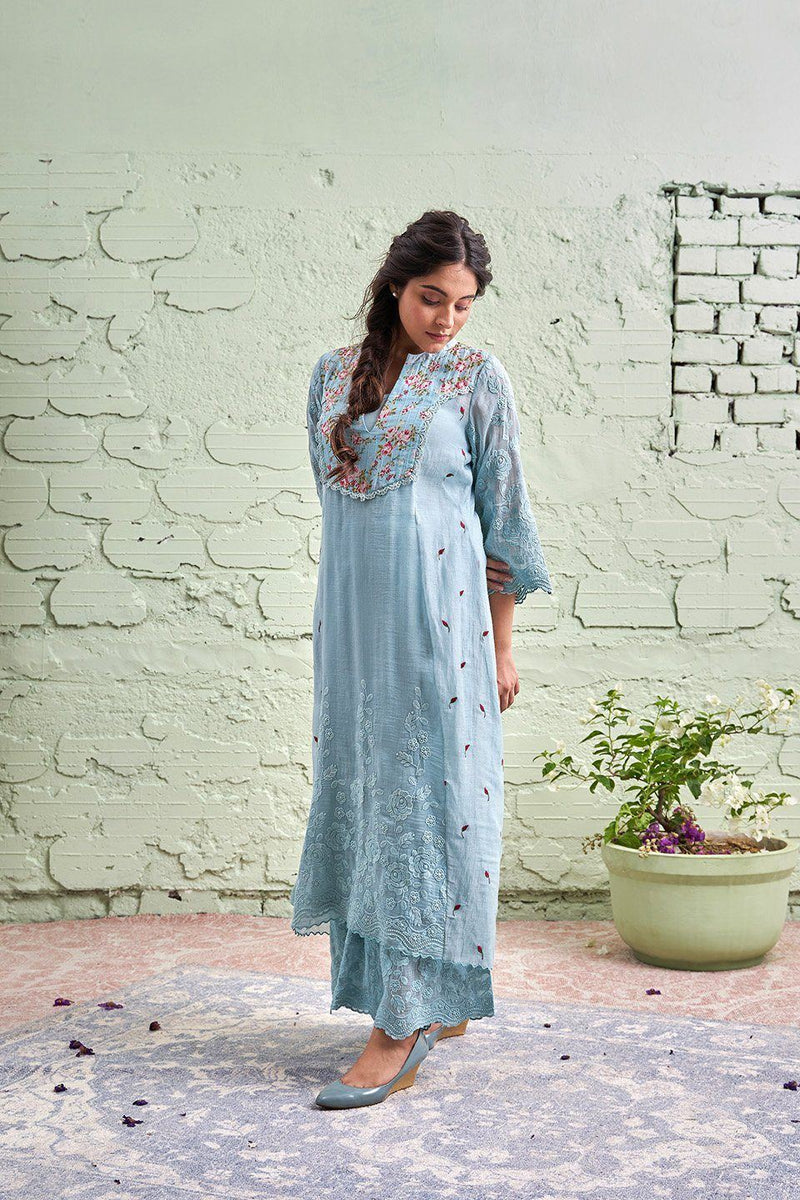 JAMUN ki tokri ( neeli)- set of 2- kurta with embroidered buds & pants Naaz By Noor 