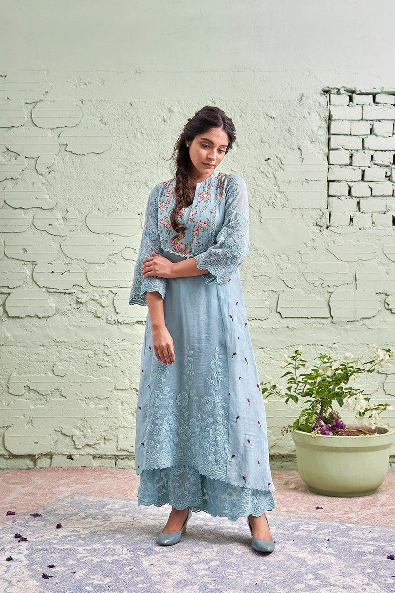 JAMUN ki tokri ( neeli)- set of 2- kurta with embroidered buds & pants Naaz By Noor 