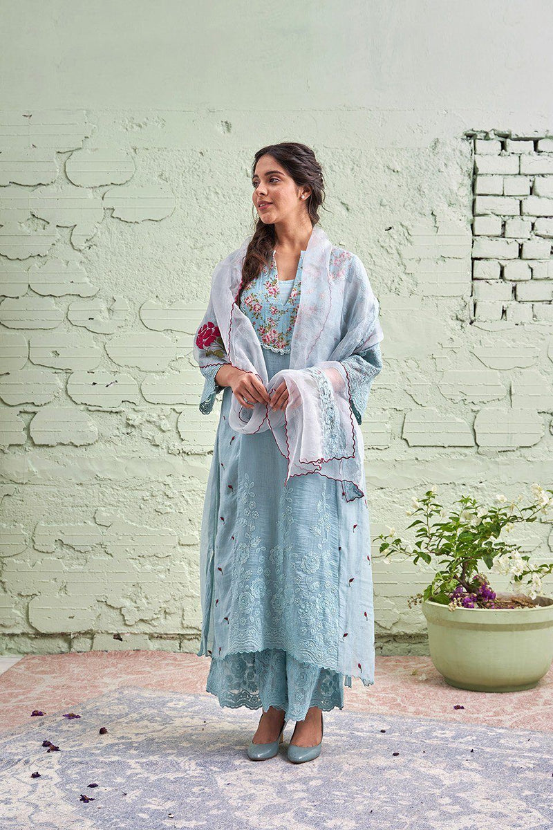 JAMUN ki tokri ( neeli)- set of 2- kurta with embroidered buds & pants Naaz By Noor 