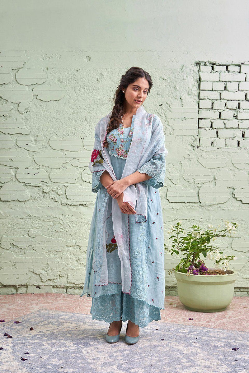 JAMUN ki tokri ( neeli)- set of 2- kurta with embroidered buds & pants Naaz By Noor 