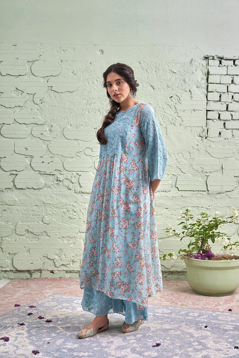 JAMUN ki tokri ( neeli)-set of 2- thread embroidered kurta & pant Naaz By Noor 