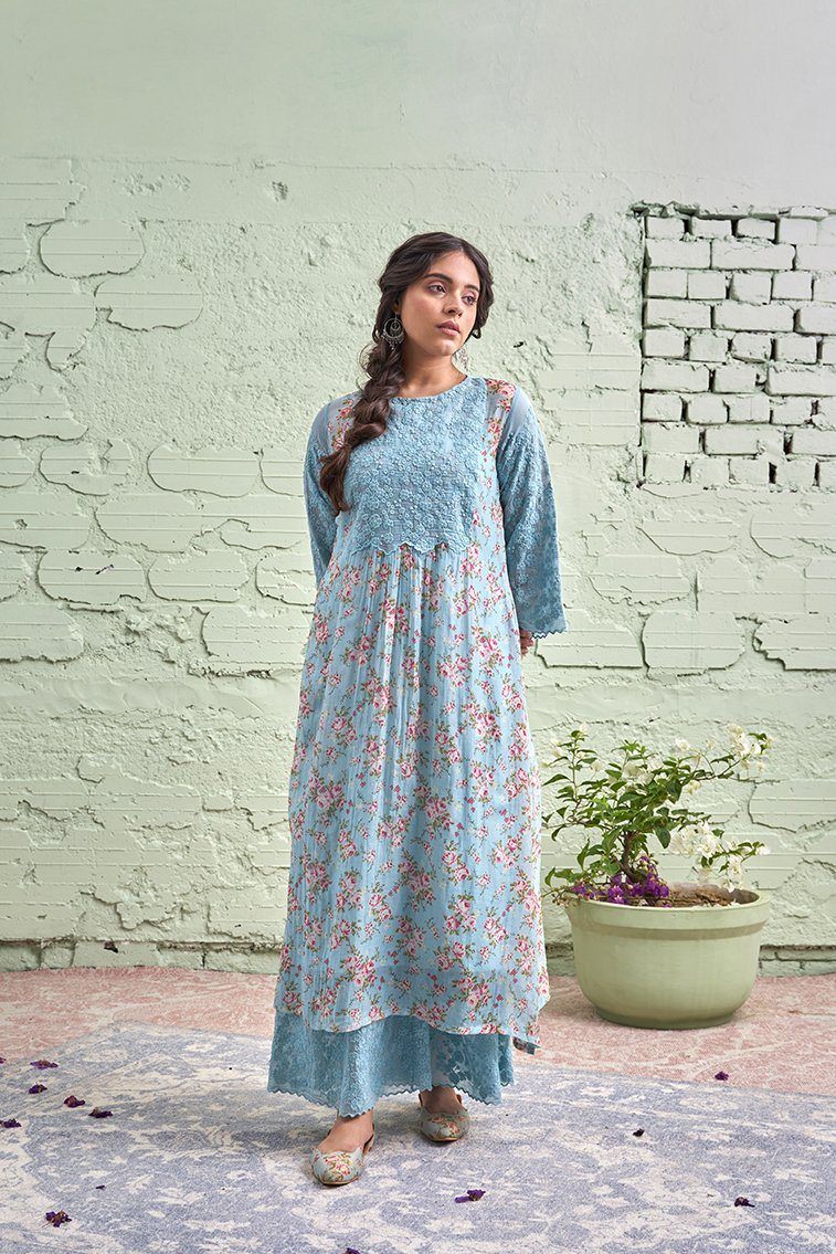 JAMUN ki tokri ( neeli)-set of 2- thread embroidered kurta & pant Naaz By Noor 