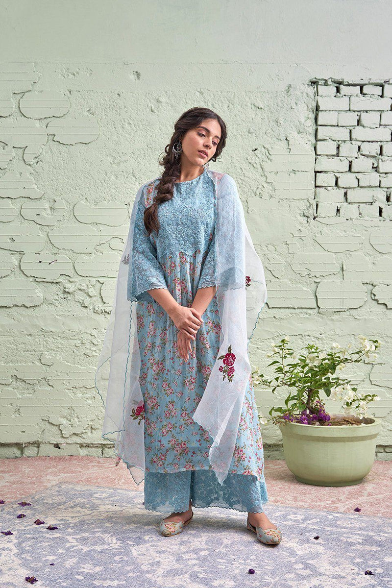 JAMUN ki tokri ( neeli)-set of 2- thread embroidered kurta & pant Naaz By Noor 