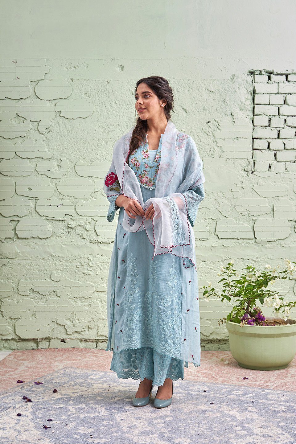 JAMUN ki tokri ( neeli)- set of 3- kurta with embroidered buds, pants & dupatta Naaz By Noor 