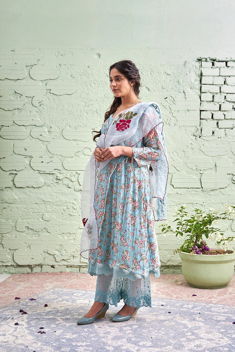 JAMUN ki tokri ( neeli)-set of 3- printed kurta, pant & dupatta Naaz By Noor 