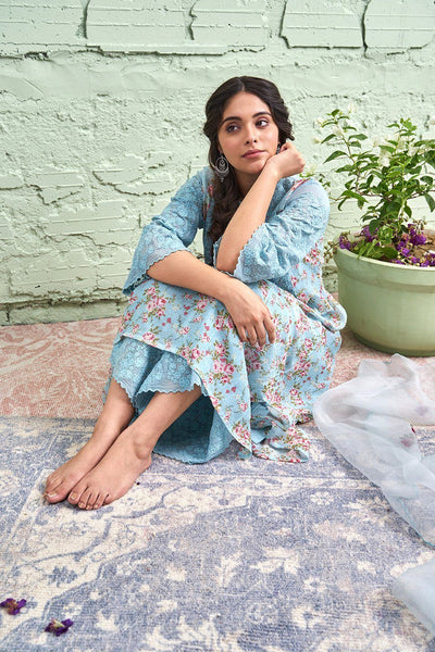 JAMUN ki tokri ( neeli)-set of 3- thread embroidered kurta & pant Naaz By Noor 