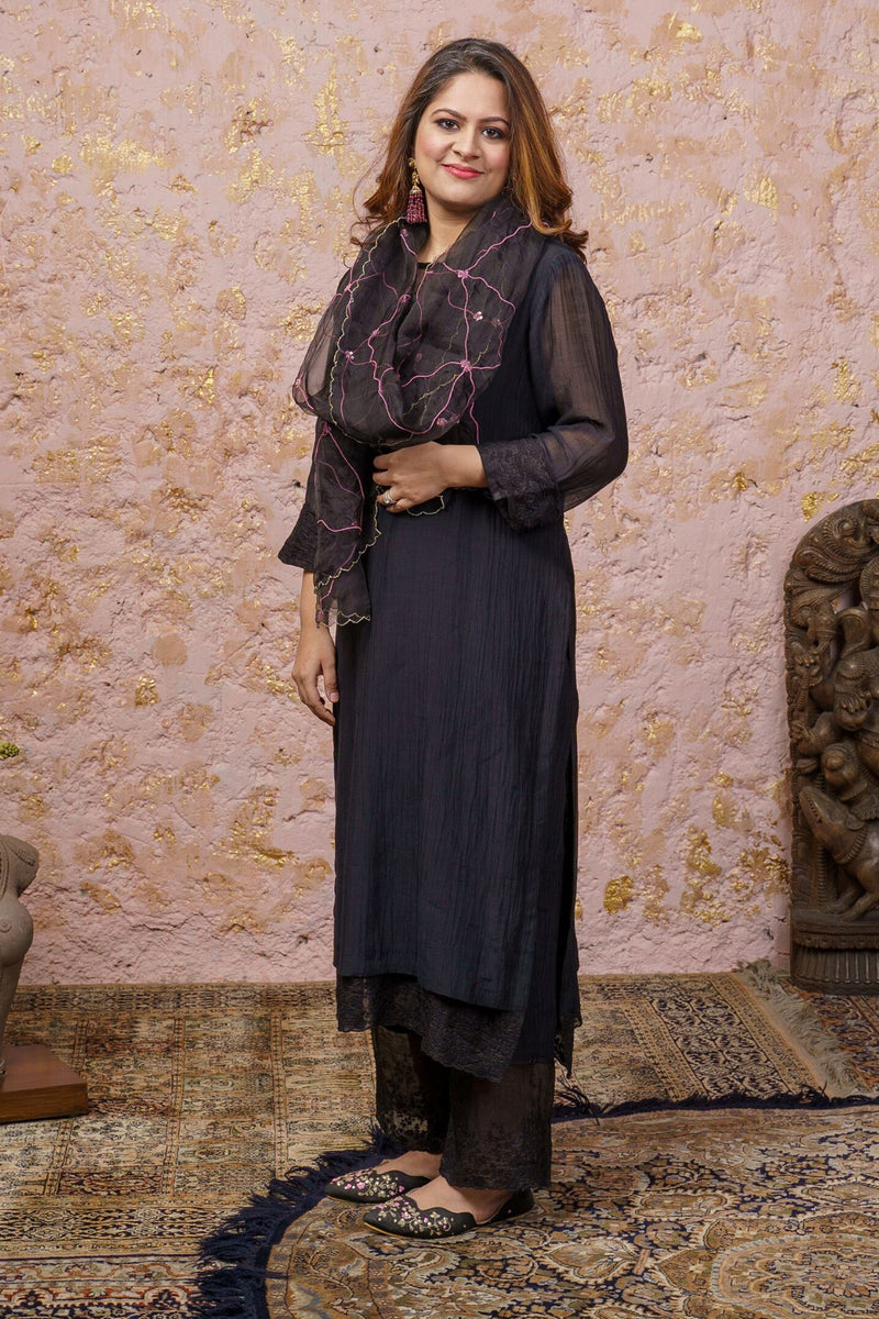 Jet Black Kurta Set With Organza Dupatta - Naaz By Noor