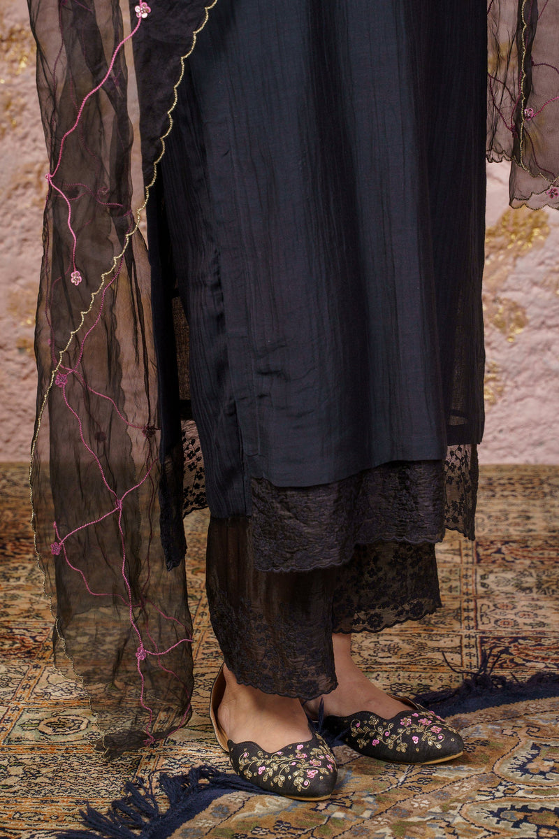 Jet Black Kurta Set With Organza Dupatta - Naaz By Noor