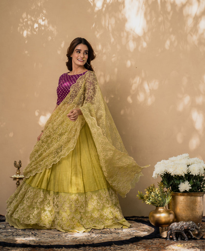 Latest New Design Yellow Coloured Net Semi-Stitched Lehenga With Work Choli  With Lace Dupatta