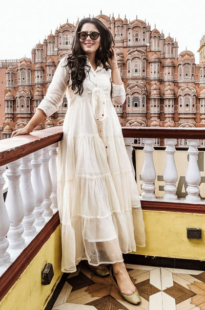 Knotted Chanderi Dress with Hot Pink Hearts Detailing - Naaz By Noor