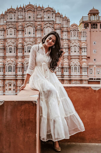 Knotted Chanderi Dress with Hot Pink Hearts Detailing - Naaz By Noor