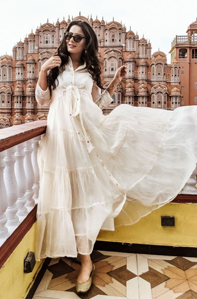 Knotted Chanderi Dress with Hot Pink Hearts Detailing - Naaz By Noor