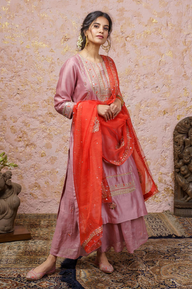 Lavender Kurta Set With Red Dupatta - Naaz By Noor