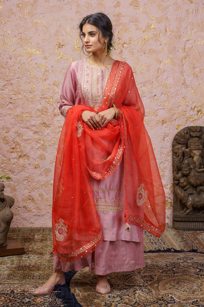 Lavender Kurta Set With Red Dupatta - Naaz By Noor