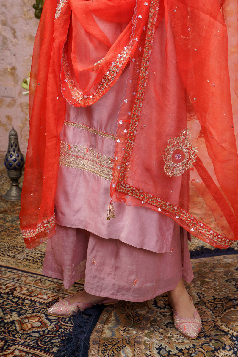 Lavender Kurta Set With Red Dupatta - Naaz By Noor